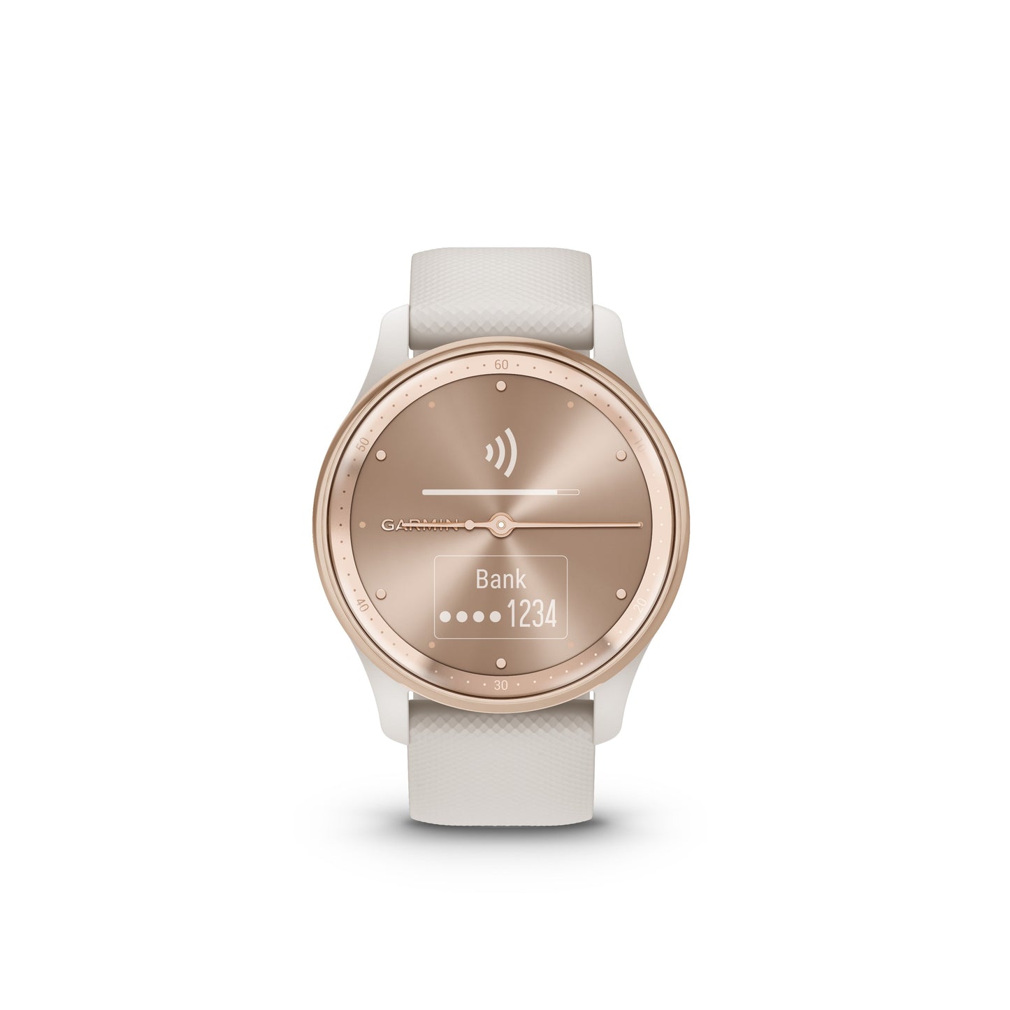 Garmin vívomove® Trend Hybrid Smartwatch with PVD Coating - Peach Gold Stainless Steel Bezel with Ivory Case and Silicone Band