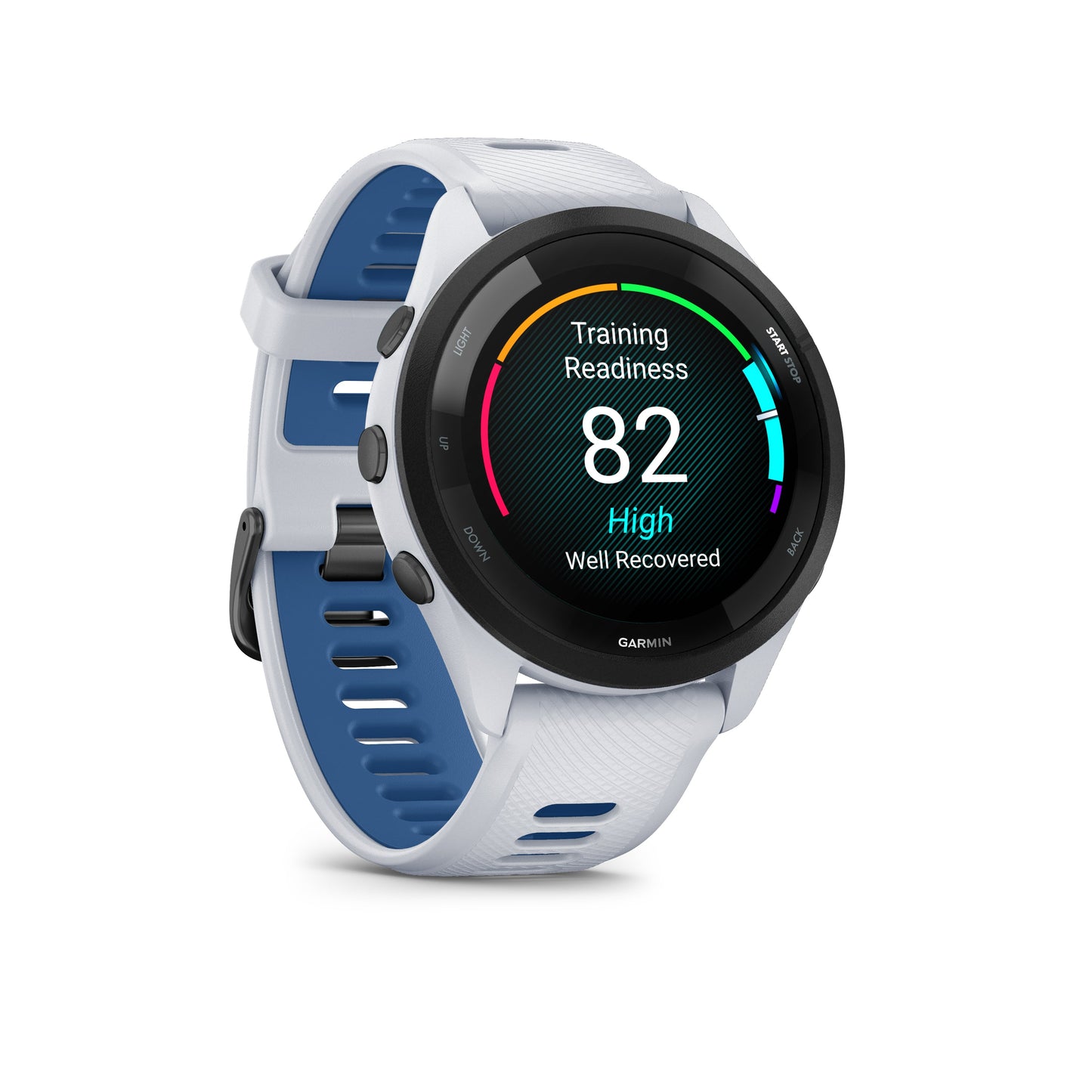 Garmin Forerunner® 265 GPS Smartwatch - Black Bezel with Whitestone Case and Whitestone/Tidal Blue Silicone Band