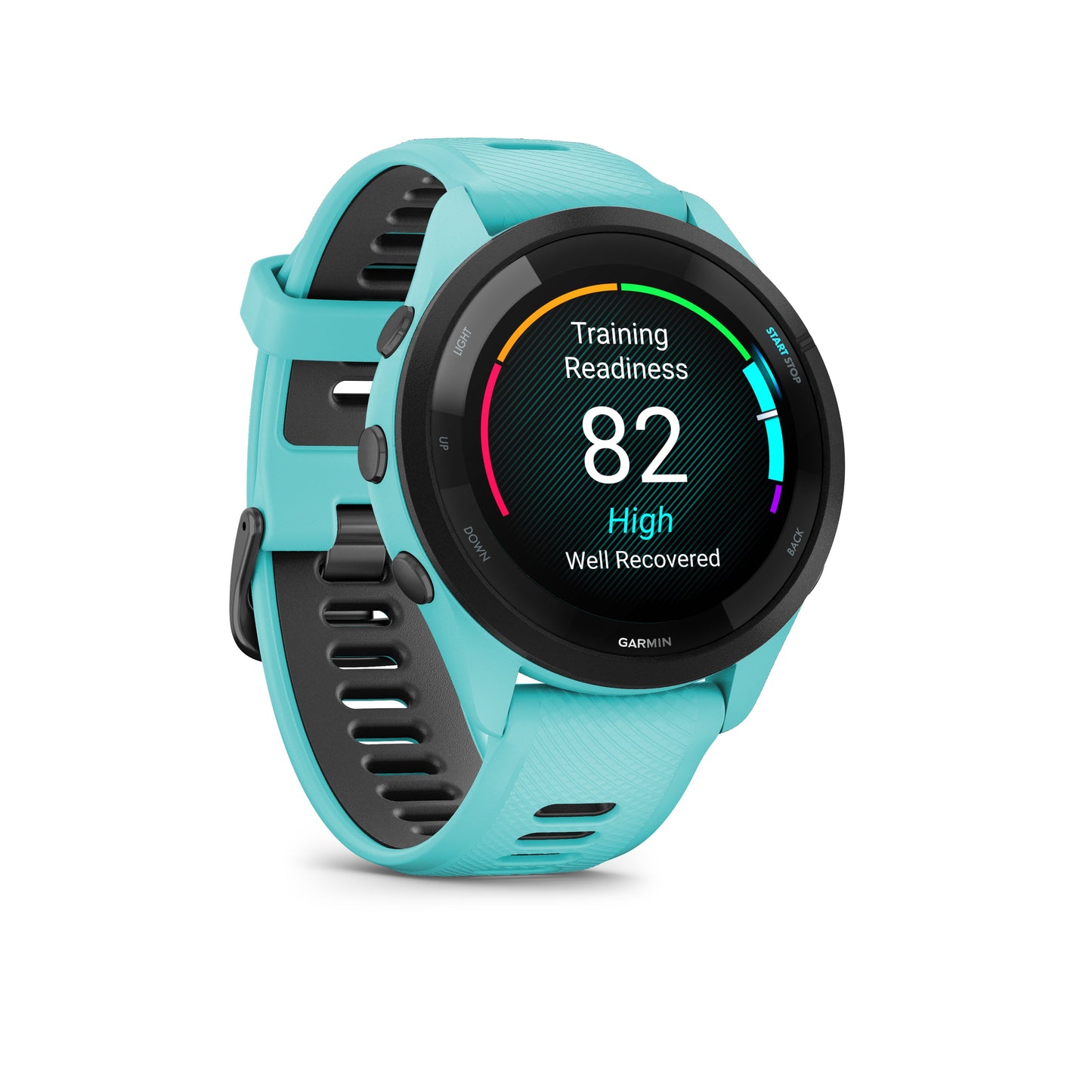 Garmin Forerunner® 265 GPS Smartwatch - Black Bezel with Aqua Case and Aqua/Black Silicone Band