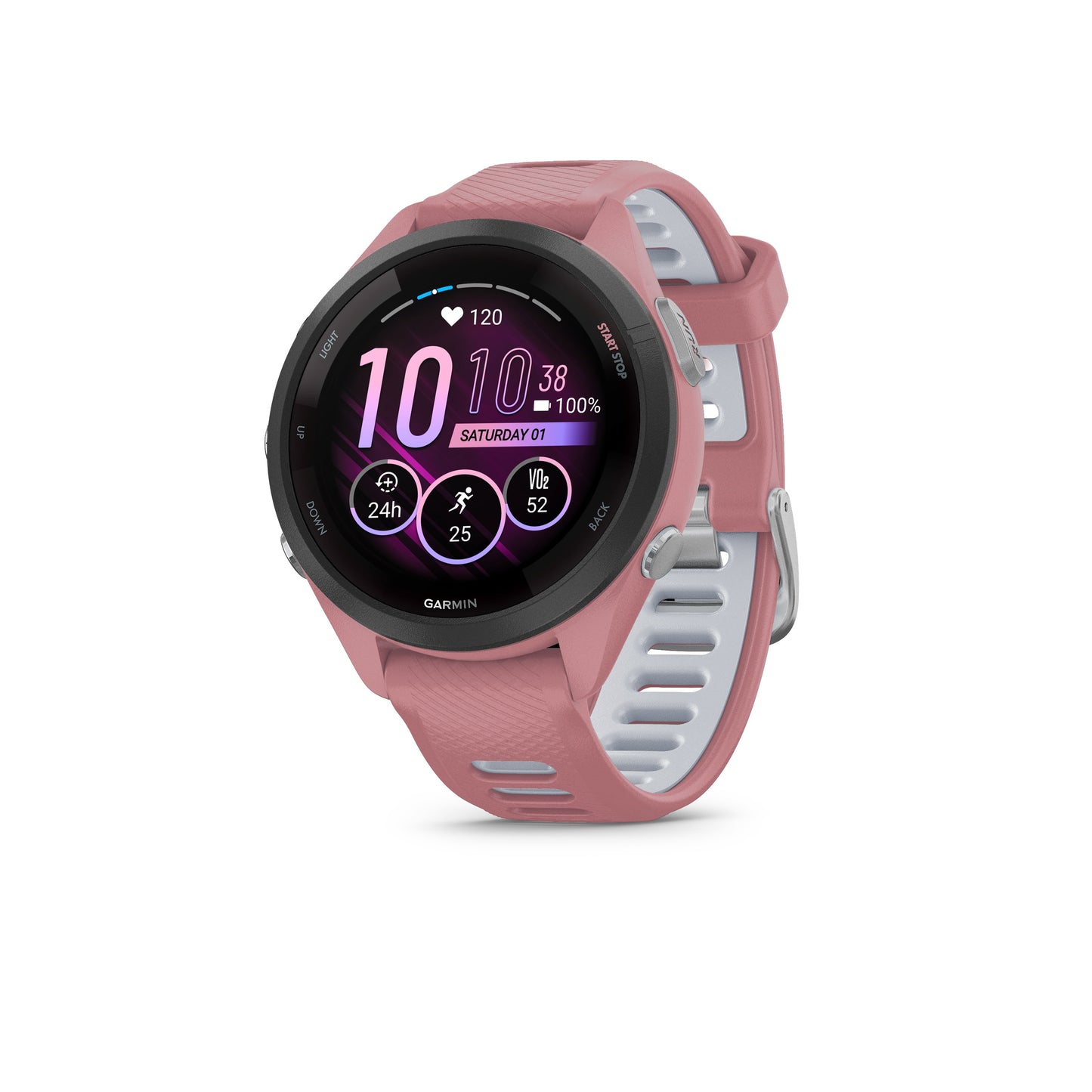 Garmin Forerunner® 265S GPS Smartwatch - Black Bezel with Light Pink Case and Light Pink/Powder Grey Silicone Band