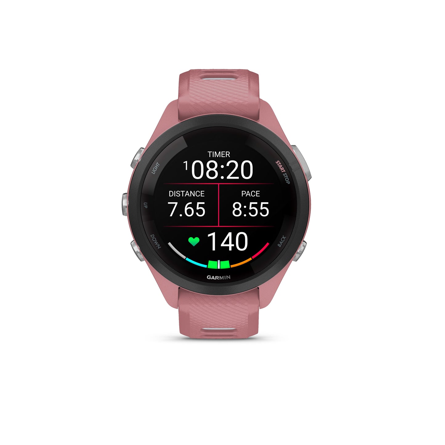 Garmin Forerunner® 265S GPS Smartwatch - Black Bezel with Light Pink Case and Light Pink/Powder Grey Silicone Band