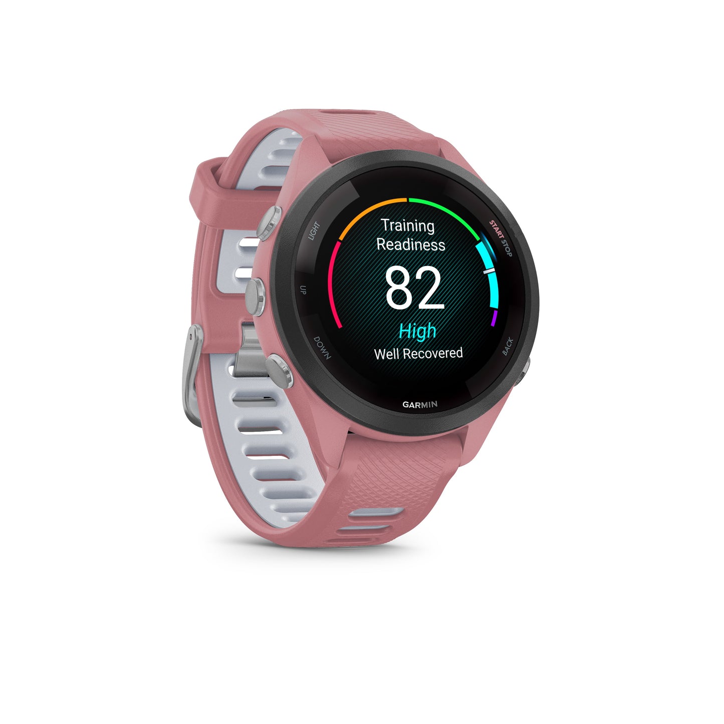 Garmin Forerunner® 265S GPS Smartwatch - Black Bezel with Light Pink Case and Light Pink/Powder Grey Silicone Band