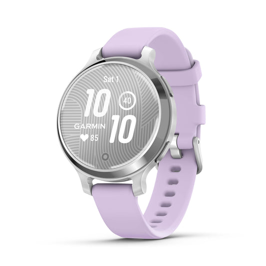 Garmin Lily 2 Active Smartwatch and Fitness Tracker - Silver with Purple Jasmine Silicone Band