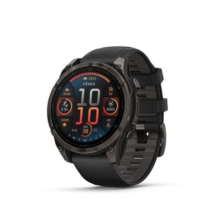 Garmin fēnix® 8 AMOLED Display Sapphire Lens GPS Smartwatch - 47-mm - Carbon Grey DLC Titanium Bezel with Black/Pebble Grey Silicone Band