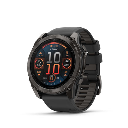 Garmin fēnix® 8 AMOLED Display Sapphire Lens GPS Smartwatch - 51-mm - Carbon Grey DLC Titanium Bezel with Black/Pebble Grey Silicone Band