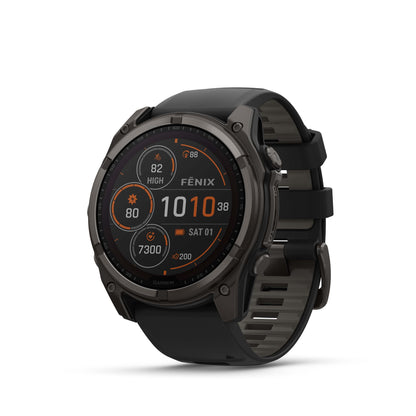 Garmin fēnix® 8 Solar Sapphire Lens GPS Smartwatch - 51-mm - Carbon Grey DLC Titanium with Black/Pebble Grey Silicone Band