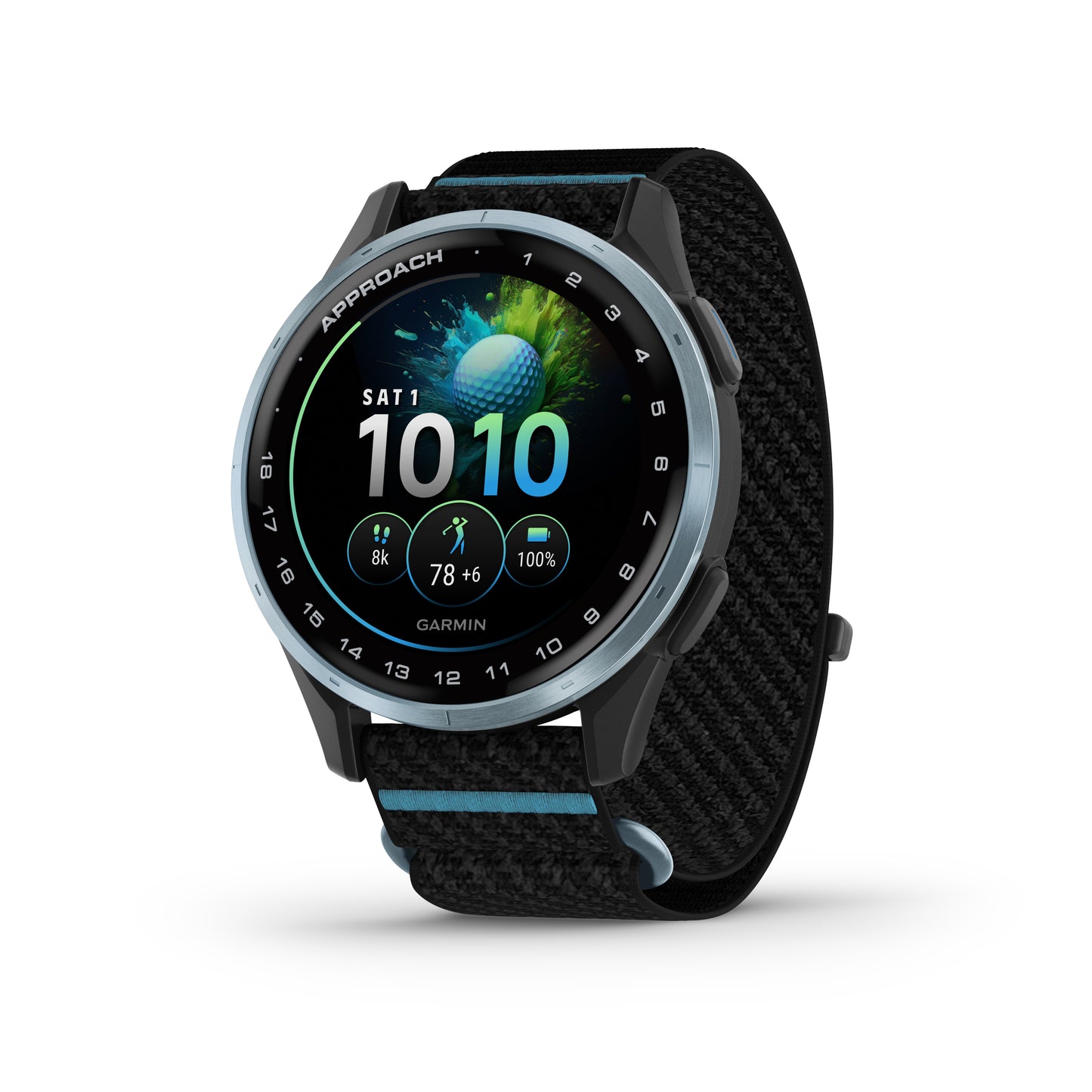 Garmin Approach J1 GPS Golfing Smartwatch - Cloud Blue Aluminum Bezel with Black/Azure ComfortFit Fabric Band