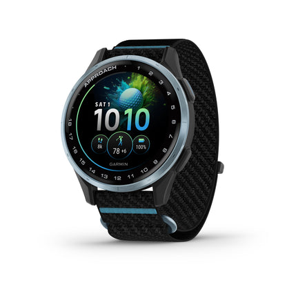 Garmin Approach J1 GPS Golfing Smartwatch - Cloud Blue Aluminum Bezel with Black/Azure ComfortFit Fabric Band