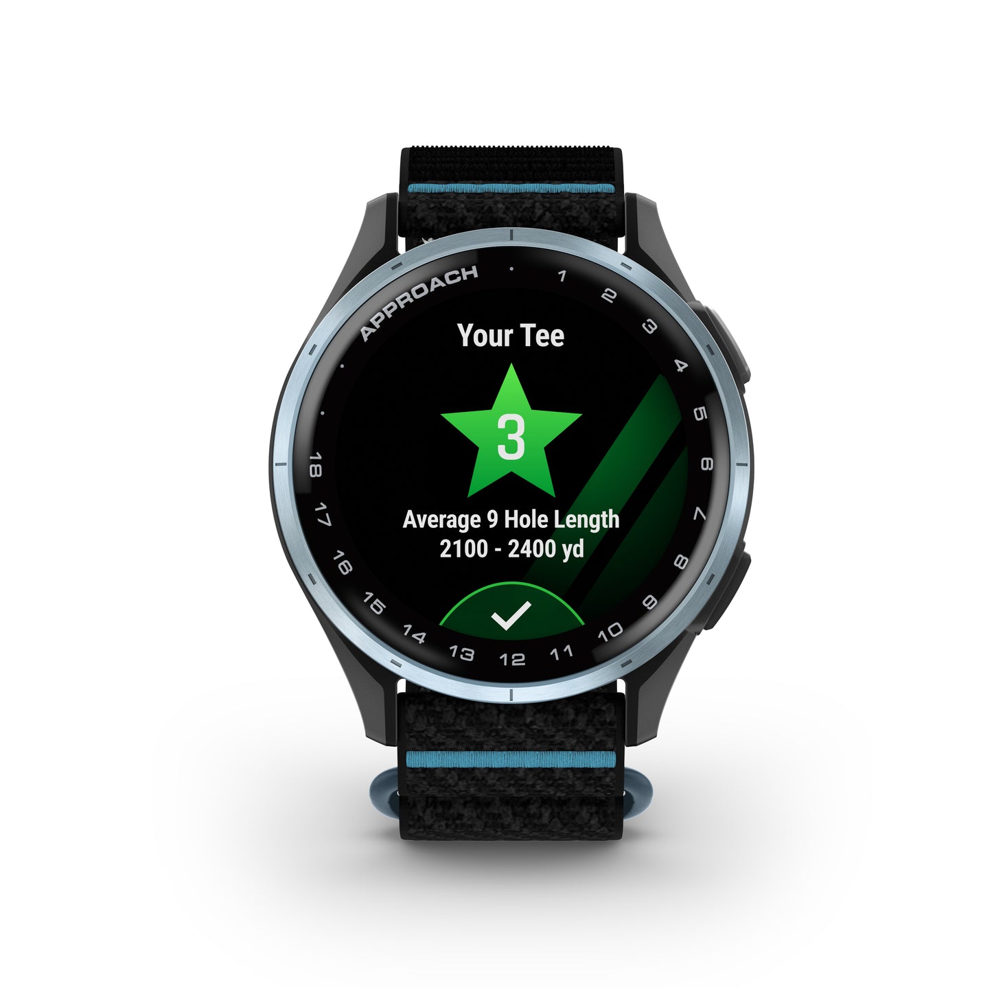 Garmin Approach J1 GPS Golfing Smartwatch - Cloud Blue Aluminum Bezel with Black/Azure ComfortFit Fabric Band