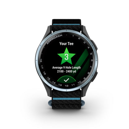 Garmin Approach J1 GPS Golfing Smartwatch - Cloud Blue Aluminum Bezel with Black/Azure ComfortFit Fabric Band