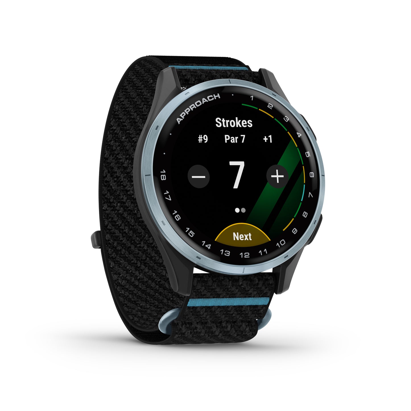 Garmin Approach J1 GPS Golfing Smartwatch - Cloud Blue Aluminum Bezel with Black/Azure ComfortFit Fabric Band