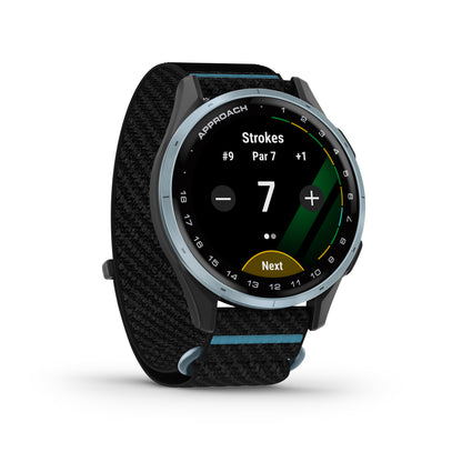 Garmin Approach J1 GPS Golfing Smartwatch - Cloud Blue Aluminum Bezel with Black/Azure ComfortFit Fabric Band