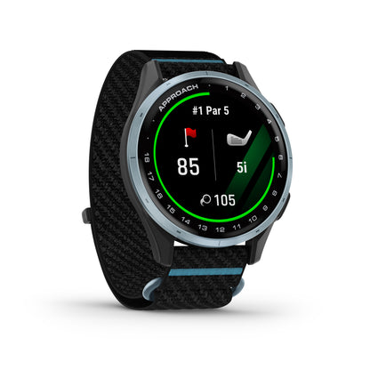 Garmin Approach J1 GPS Golfing Smartwatch - Cloud Blue Aluminum Bezel with Black/Azure ComfortFit Fabric Band