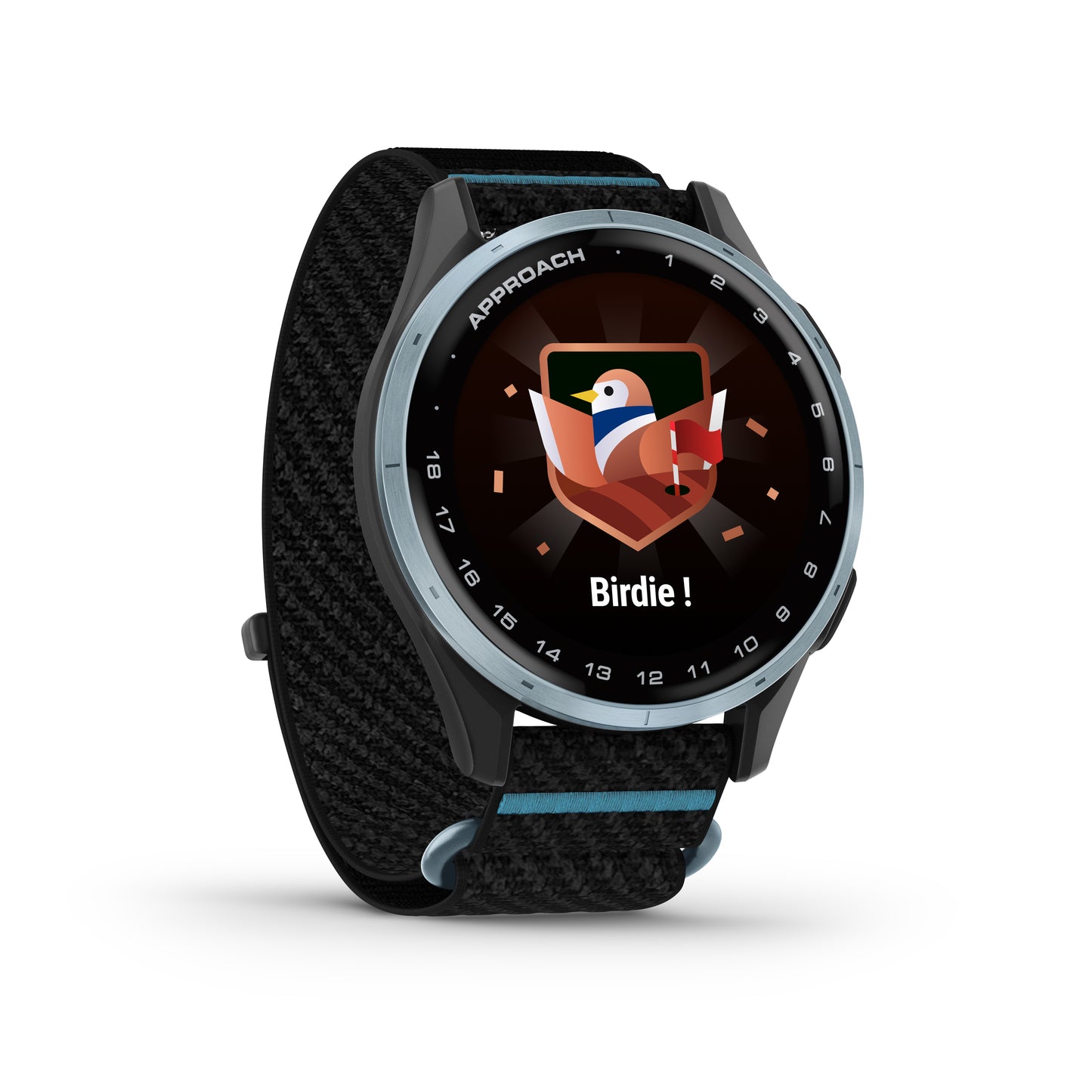 Garmin Approach J1 GPS Golfing Smartwatch - Cloud Blue Aluminum Bezel with Black/Azure ComfortFit Fabric Band