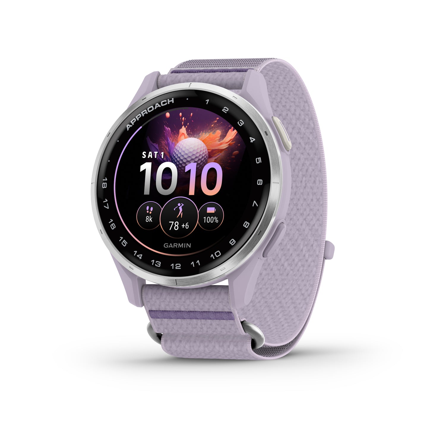 Garmin Approach J1 GPS Golfing Smartwatch - Silver Aluminum Bezel with Lilac ComfortFit Fabric Band