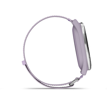 Garmin Approach J1 GPS Golfing Smartwatch - Silver Aluminum Bezel with Lilac ComfortFit Fabric Band