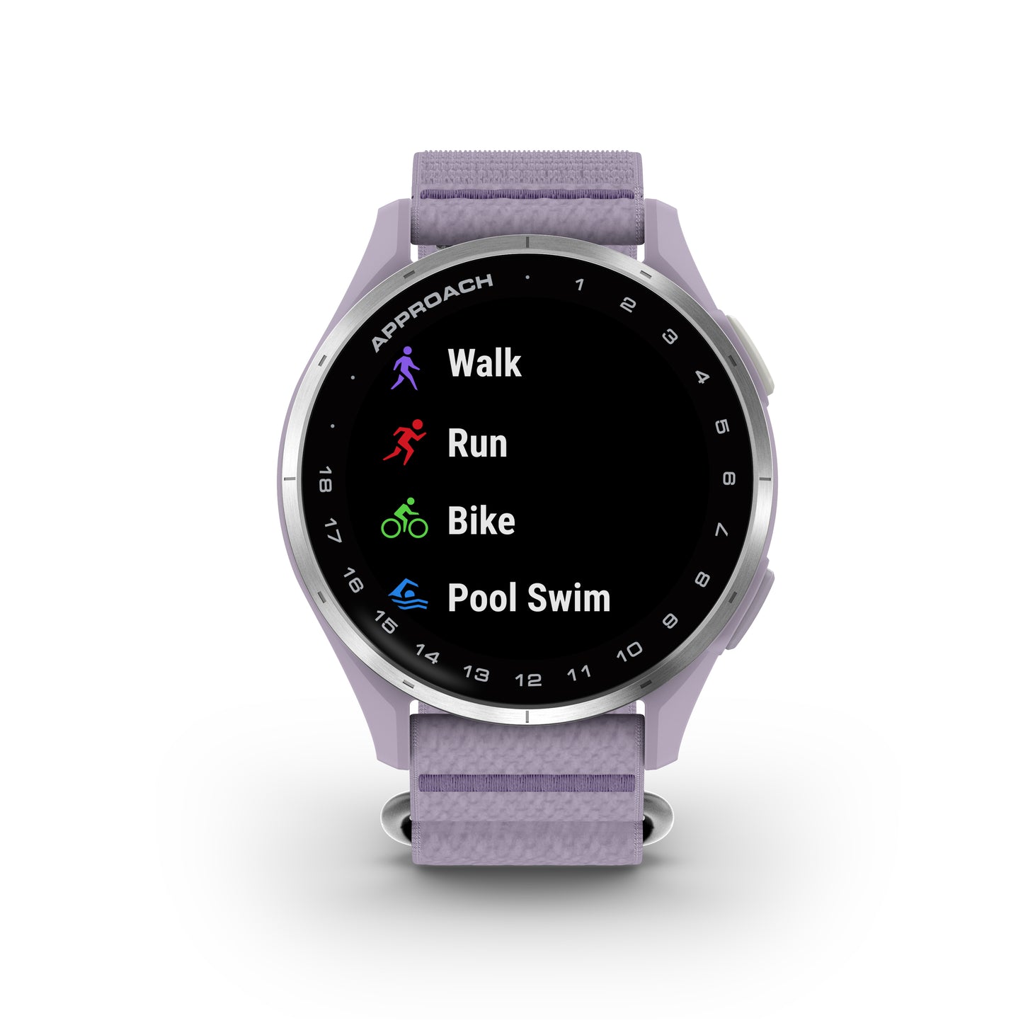 Garmin Approach J1 GPS Golfing Smartwatch - Silver Aluminum Bezel with Lilac ComfortFit Fabric Band