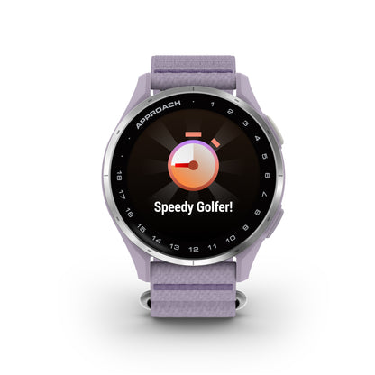 Garmin Approach J1 GPS Golfing Smartwatch - Silver Aluminum Bezel with Lilac ComfortFit Fabric Band