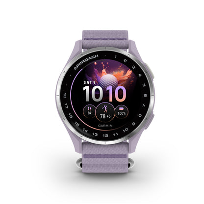 Garmin Approach J1 GPS Golfing Smartwatch - Silver Aluminum Bezel with Lilac ComfortFit Fabric Band