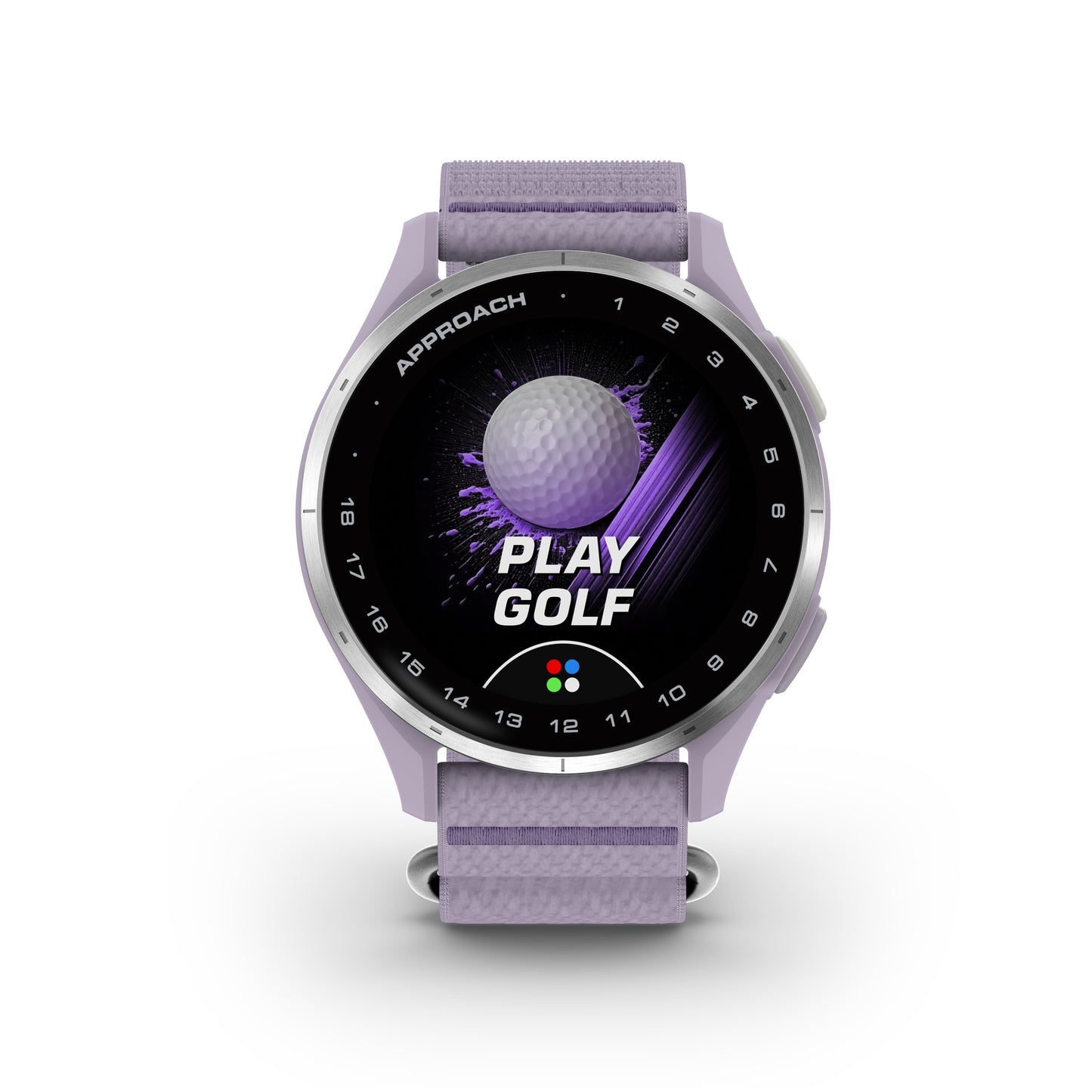 Garmin Approach J1 GPS Golfing Smartwatch - Silver Aluminum Bezel with Lilac ComfortFit Fabric Band