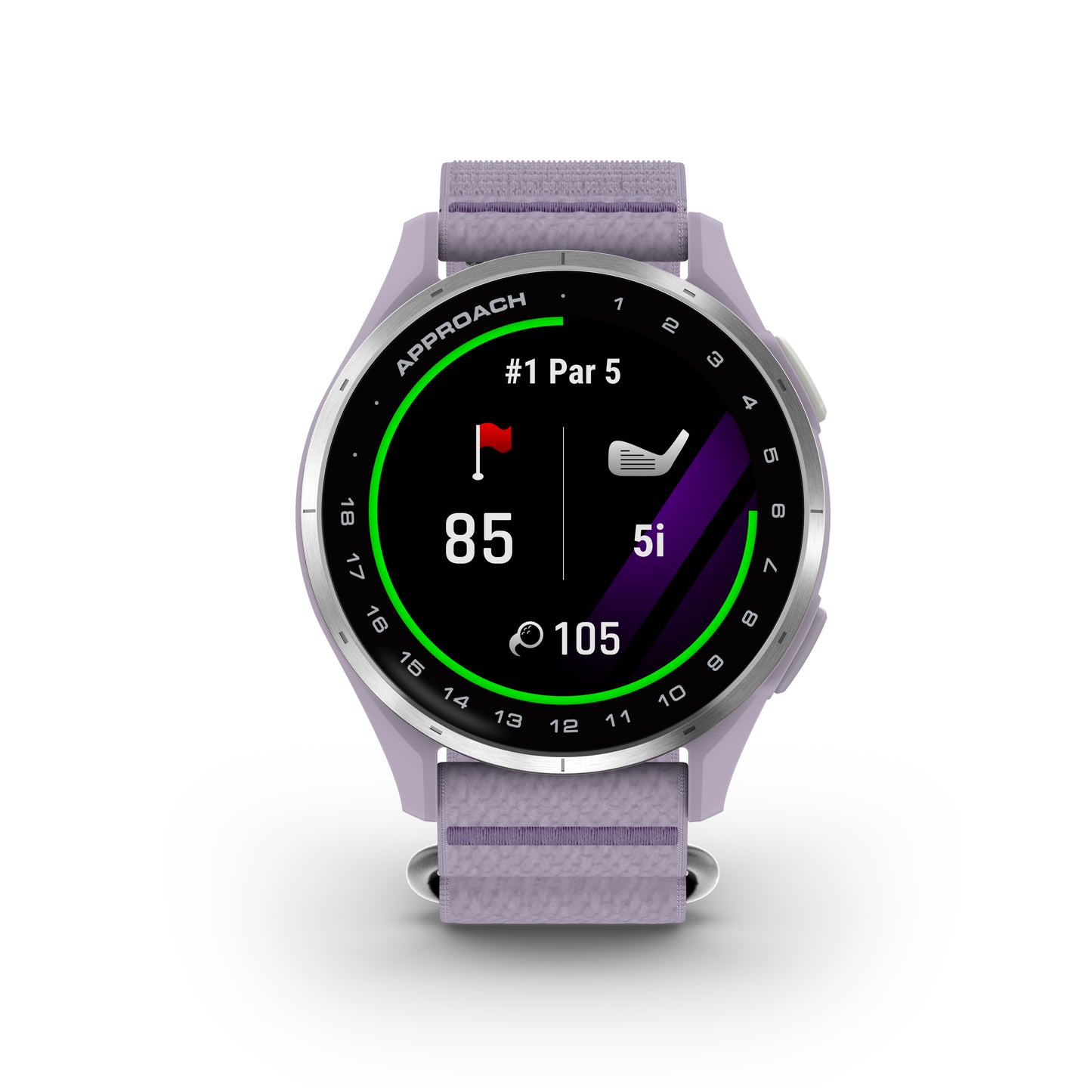 Garmin Approach J1 GPS Golfing Smartwatch - Silver Aluminum Bezel with Lilac ComfortFit Fabric Band