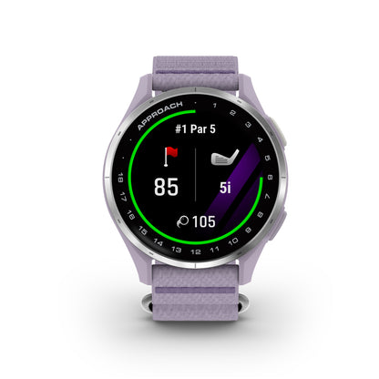 Garmin Approach J1 GPS Golfing Smartwatch - Silver Aluminum Bezel with Lilac ComfortFit Fabric Band