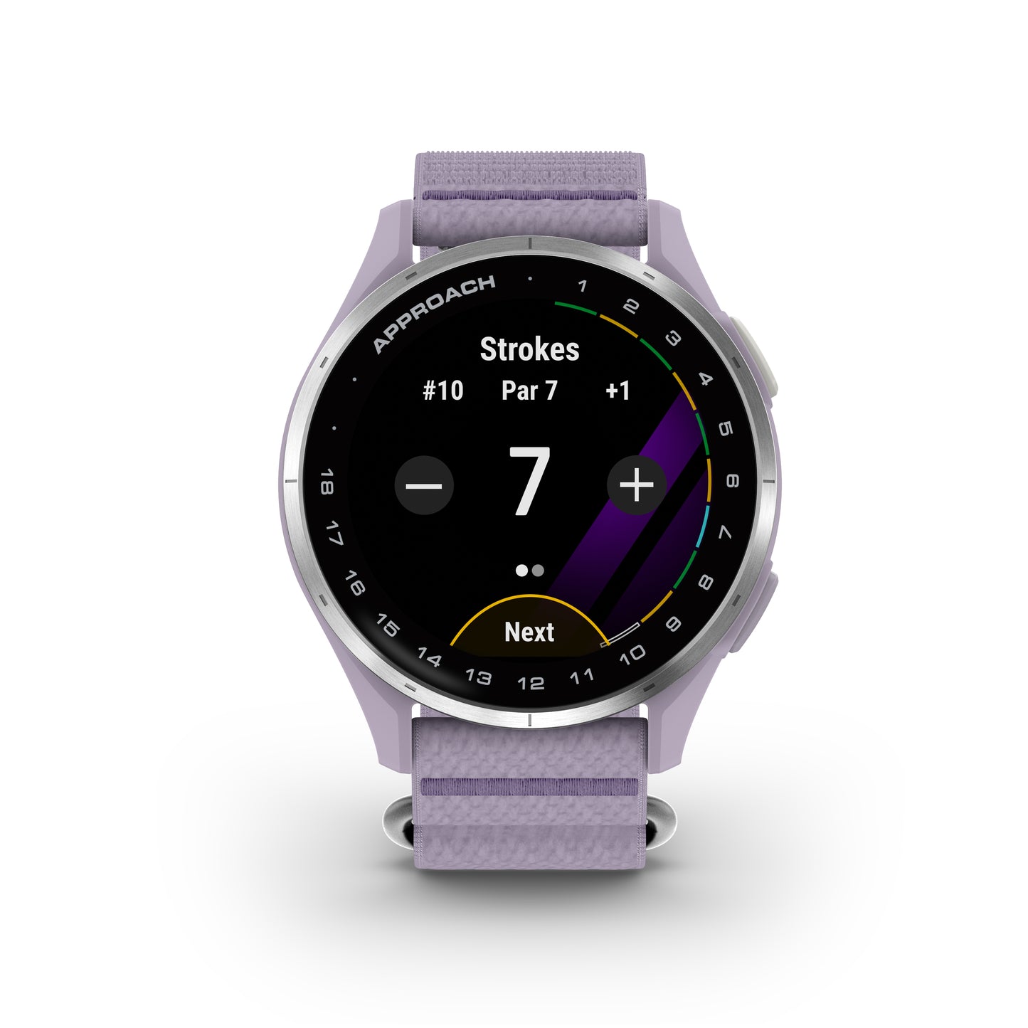 Garmin Approach J1 GPS Golfing Smartwatch - Silver Aluminum Bezel with Lilac ComfortFit Fabric Band