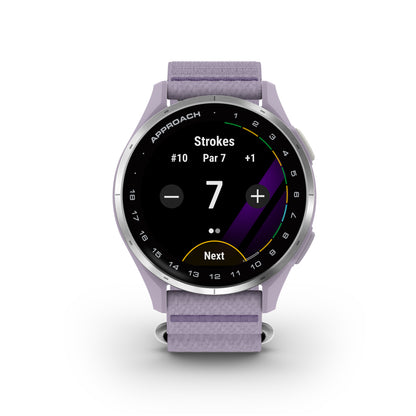 Garmin Approach J1 GPS Golfing Smartwatch - Silver Aluminum Bezel with Lilac ComfortFit Fabric Band