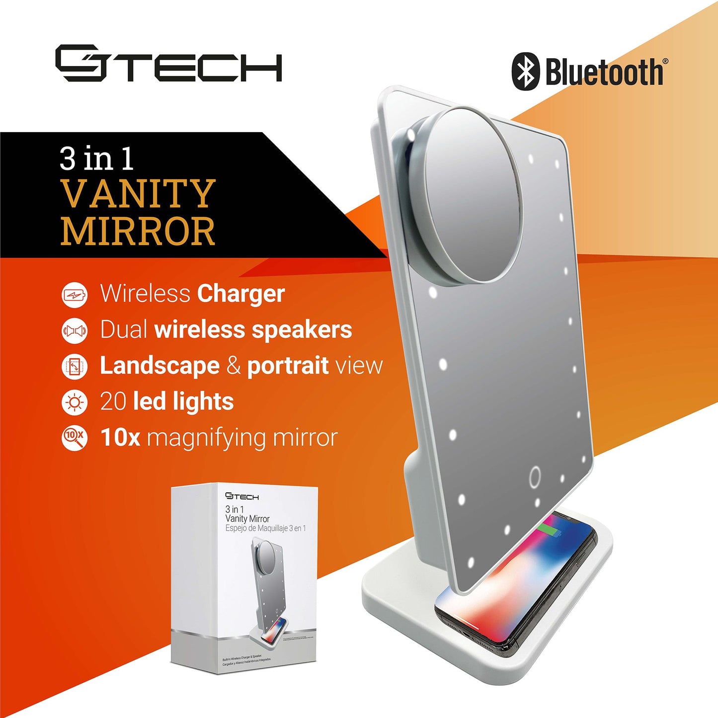 CJ Tech Vanity Mirror with Built-in Wireless Charger & Wireless Speakers - White