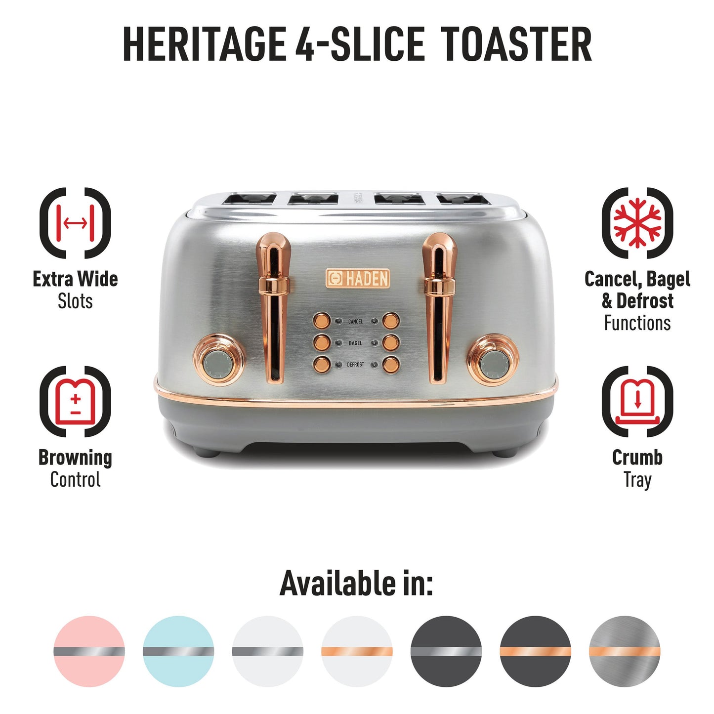 Haden Heritage 4-Slice Wide Slot Toaster - Steel & Copper