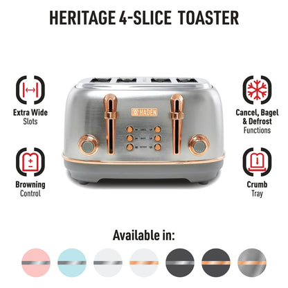 Haden Heritage 4-Slice Wide Slot Toaster - Steel & Copper