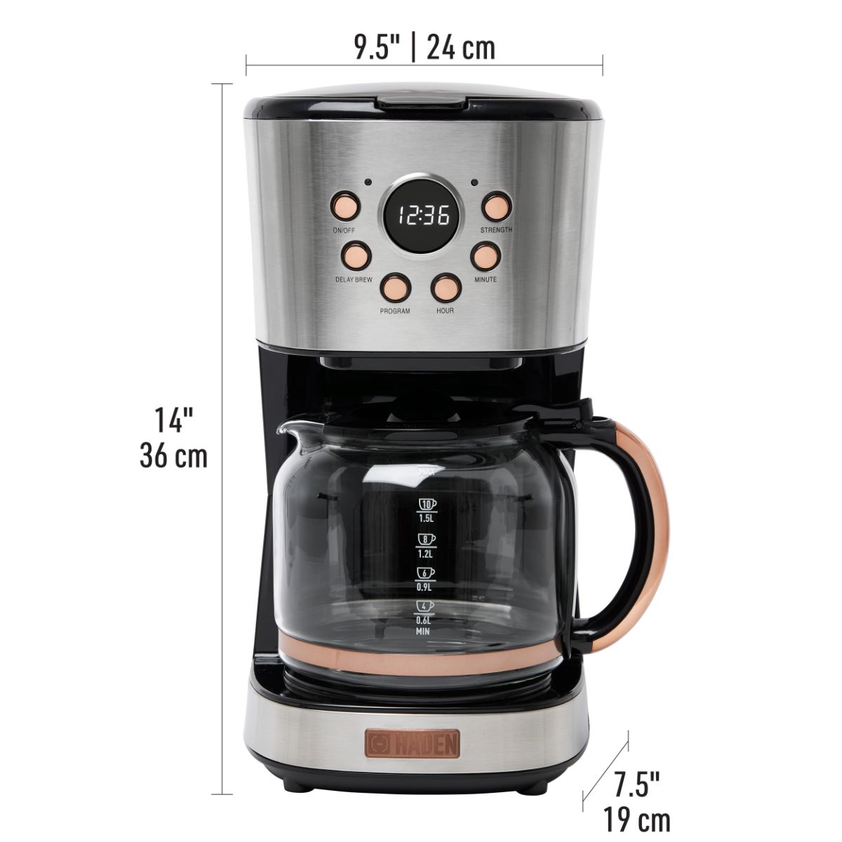 Haden 12-Cup Programmable Coffee Maker - Steel & Copper