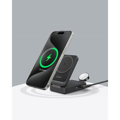 Anker MagGo Wireless Charging Station 15-watt Foldable 3-in-1 Cable and Charger Bundle - Black