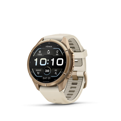 Garmin Fenix 9  Pro - 43 mm -  Autumn Gold Titanium with Cream/French Gray Silicone Band