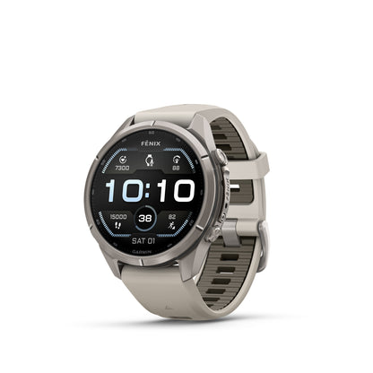 Garmin Fenix 9  Pro - 43 mm - Titanium with Fog Gray/Dark Sandstone Silicone Band