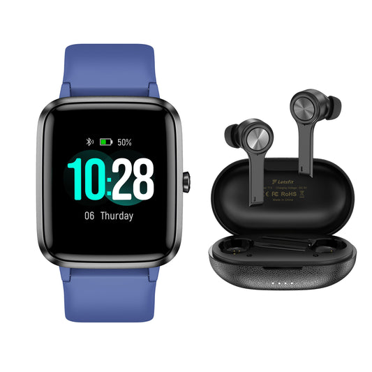 Letsfit Bundle 205L Smart Watch with Heart Rate Monitor & T13 True Wireless Earbuds with Charging Case and Microphone - Blue