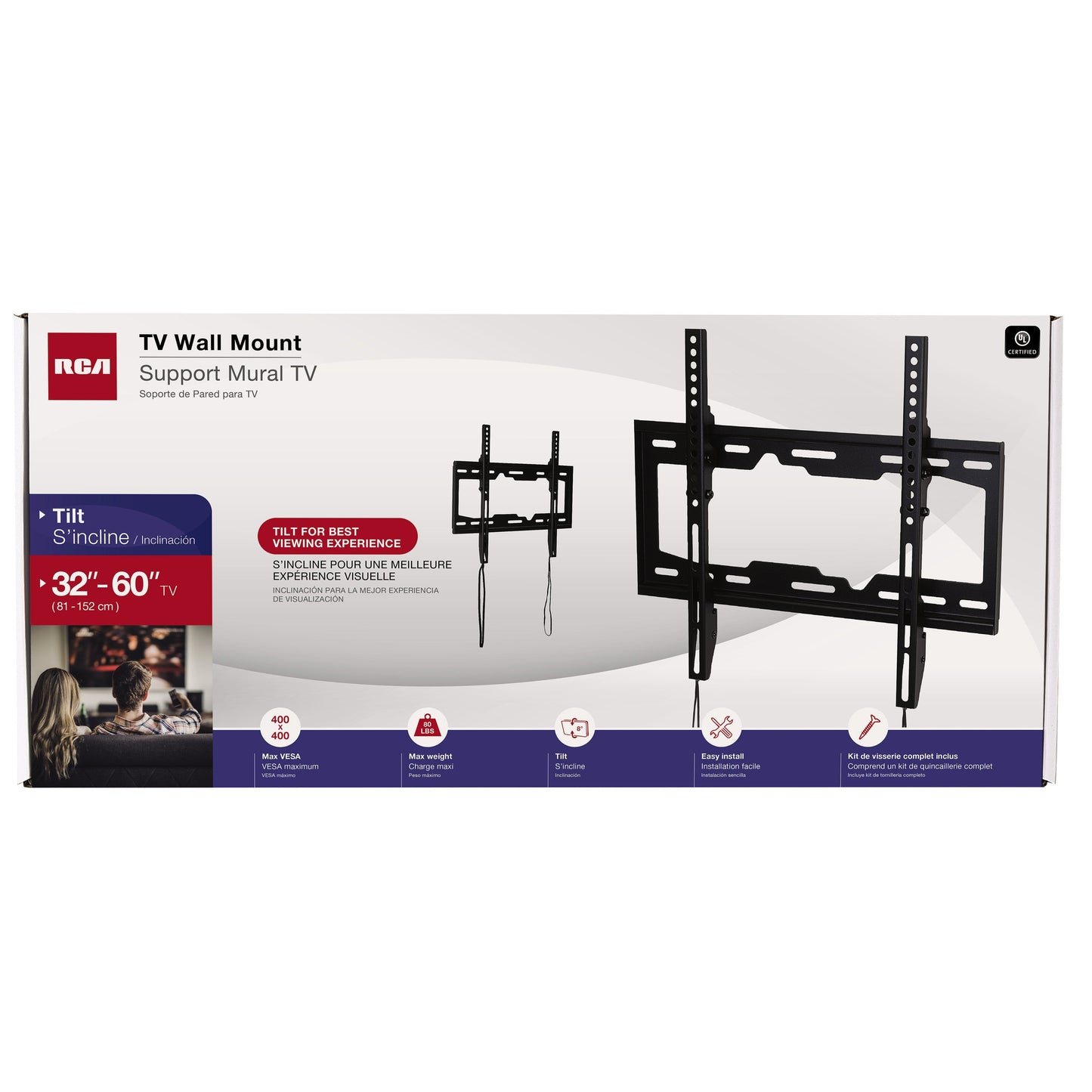 RCA Tilt TV Wall Mount 32-in to 60-in - Black