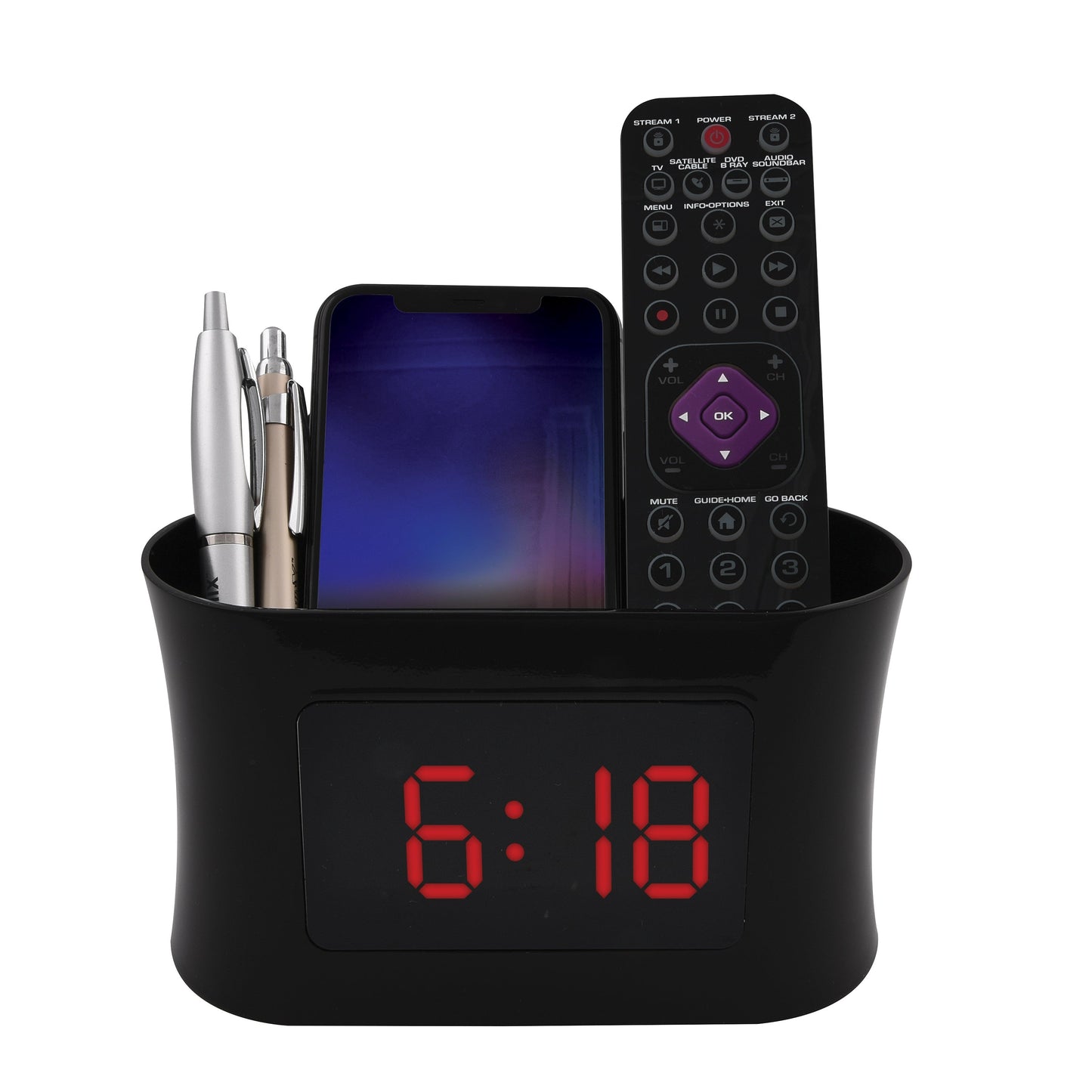 RCA Dual Alarm Clock Caddy with USB Charging - Black