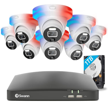 Swann 1080p Full HD 8-channel 1TB Hard Drive DVR Security System with 8 x SwannForce Police-Style Red and Blue Flashing Light Dome Cameras (PRO-1080DER)  - White