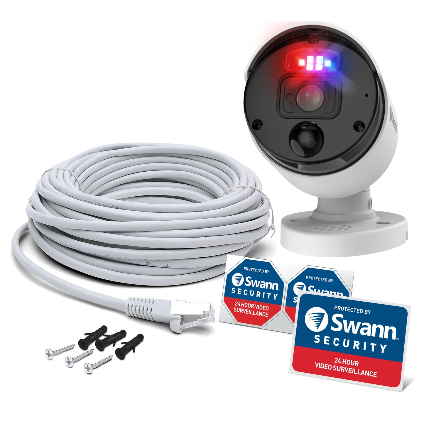 Swann 12MP Pro SwannForce™ Add-On NVR Bullet IP Camera with Spotlight, Siren, Red & Blue Flashing Lights - White