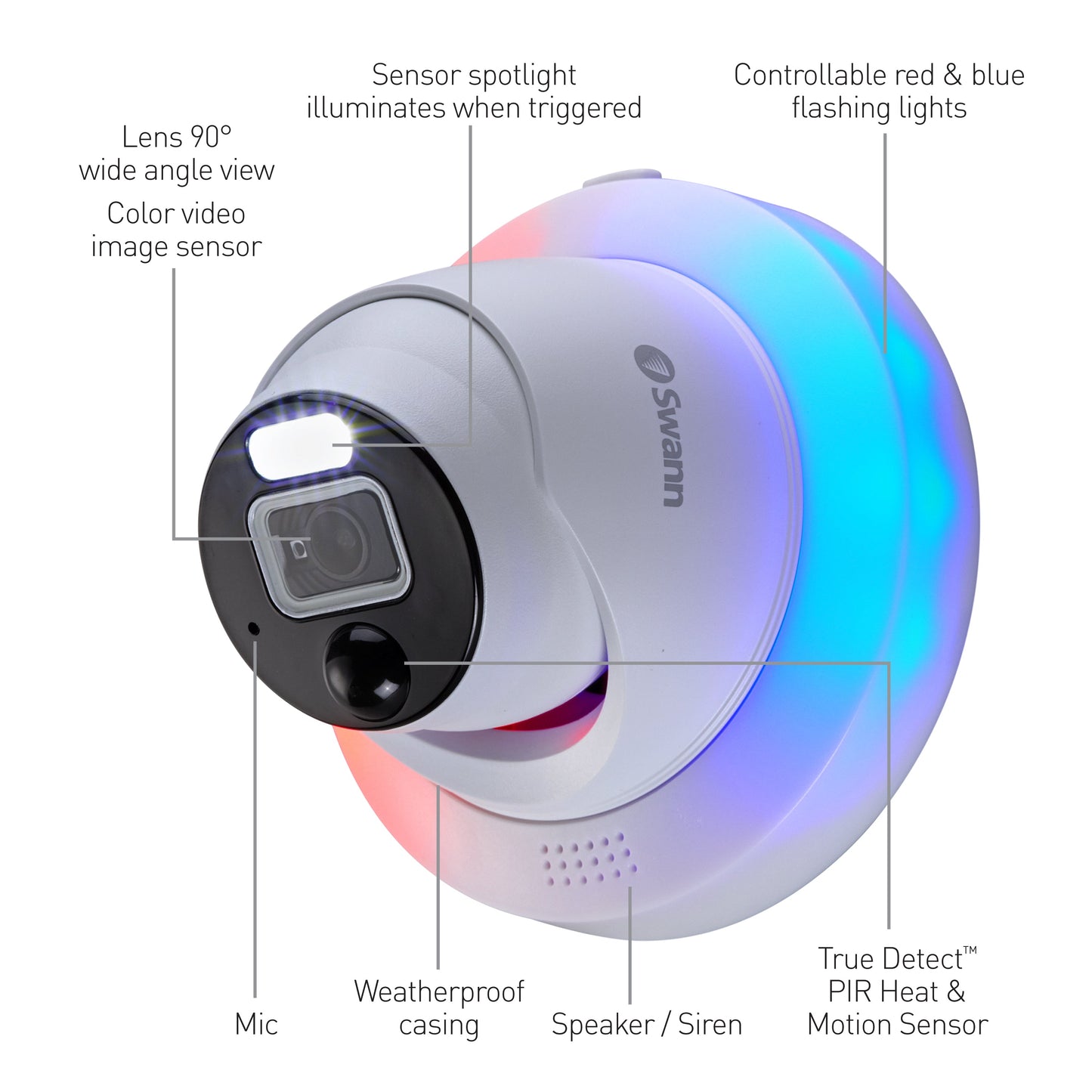 Swann 12MP Pro SwannForce™ Add-On NVR Dome IP Camera with Spotlight, Siren, Red & Blue Flashing Lights - White