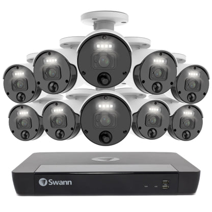 Swann Master 4K Ultra HD 16-channel 2TB Hard Drive NVR Security System with 10 x 4K Heat and Motion Detection Spotlight IP Bullet Security Cameras (NHD-875WLB) - White