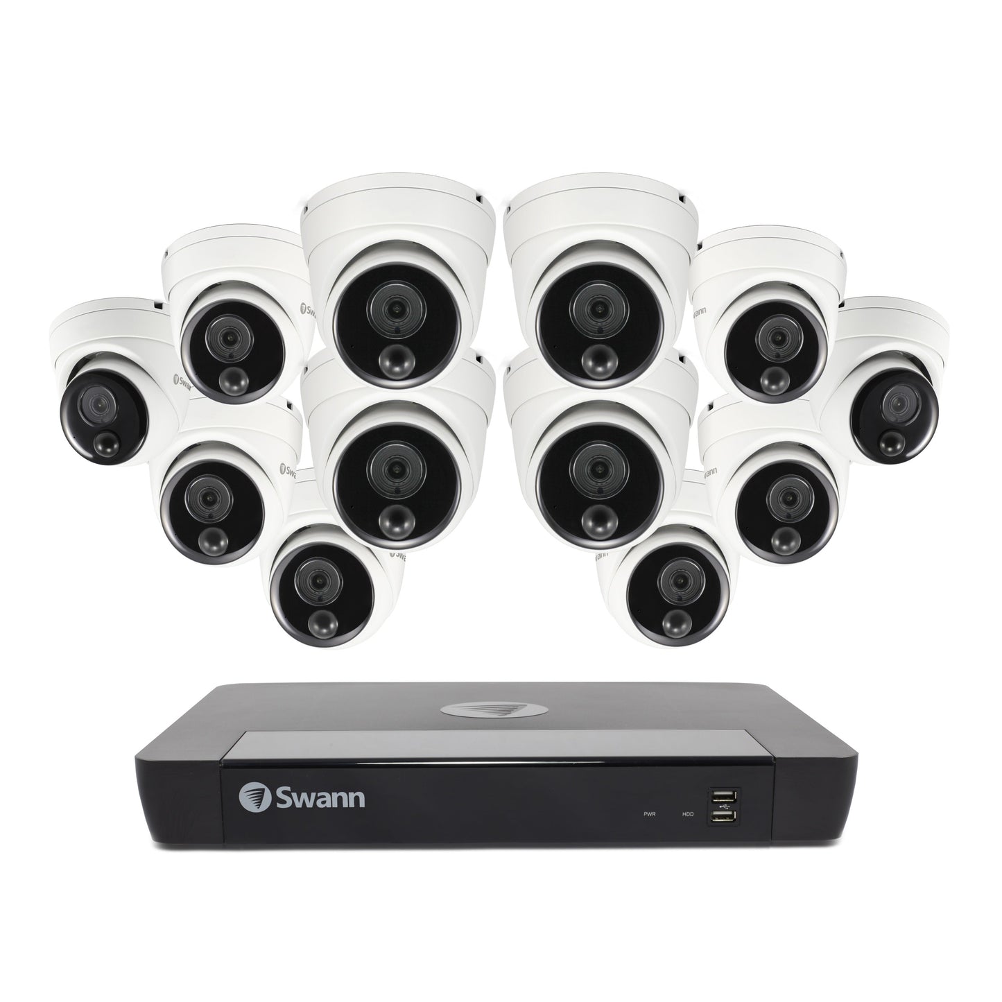 Swann 4K Ultra HD 16-channel 2TB Hard Drive NVR Security System with 12 x 4K PIR Outdoor Warning Light Dome Security Cameras (NHD-888MSD) - White