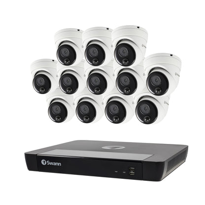 Swann 4K Ultra HD 16-channel 2TB Hard Drive NVR Security System with 12 x 4K PIR Outdoor Warning Light Dome Security Cameras (NHD-888MSD) - White