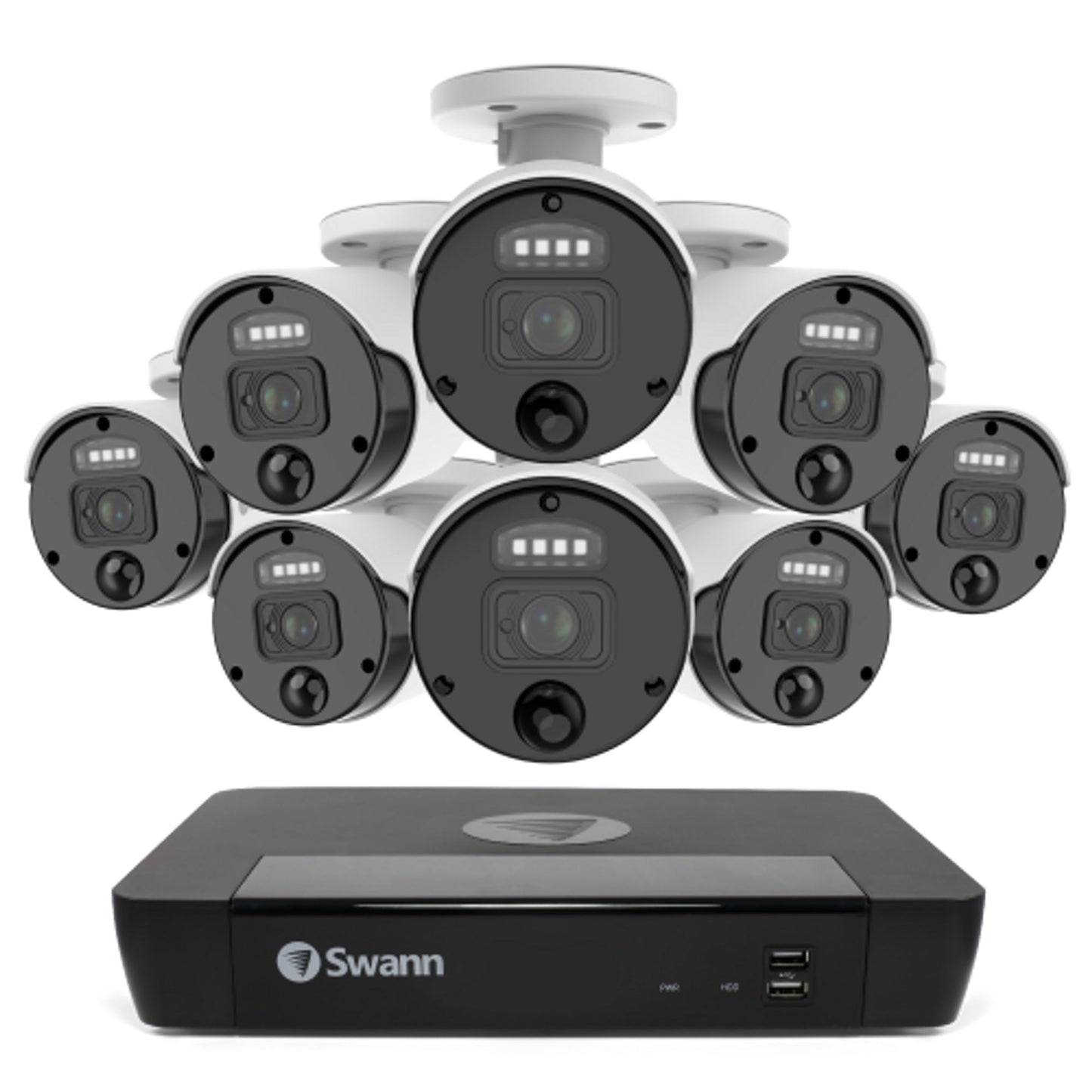 Swann Master 4K Ultra HD 8-channel 2TB Hard Drive NVR Security System with 8 x 4K Heat and Motion Detection Spotlight IP Bullet Security Cameras (NHD-875WLB) - White