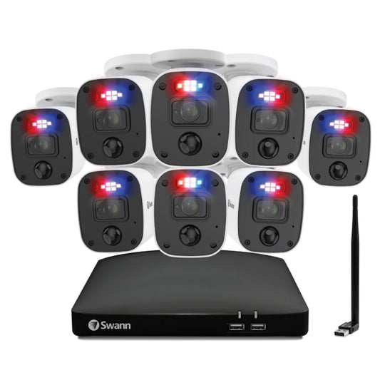 Swann 1080p Full HD 8-channel 1TB Audio/Video Wi-Fi DVR Security System with 8 x LED Lights & Sirens SwannForce Bullet Cameras (PRO-1080MQB)  - White