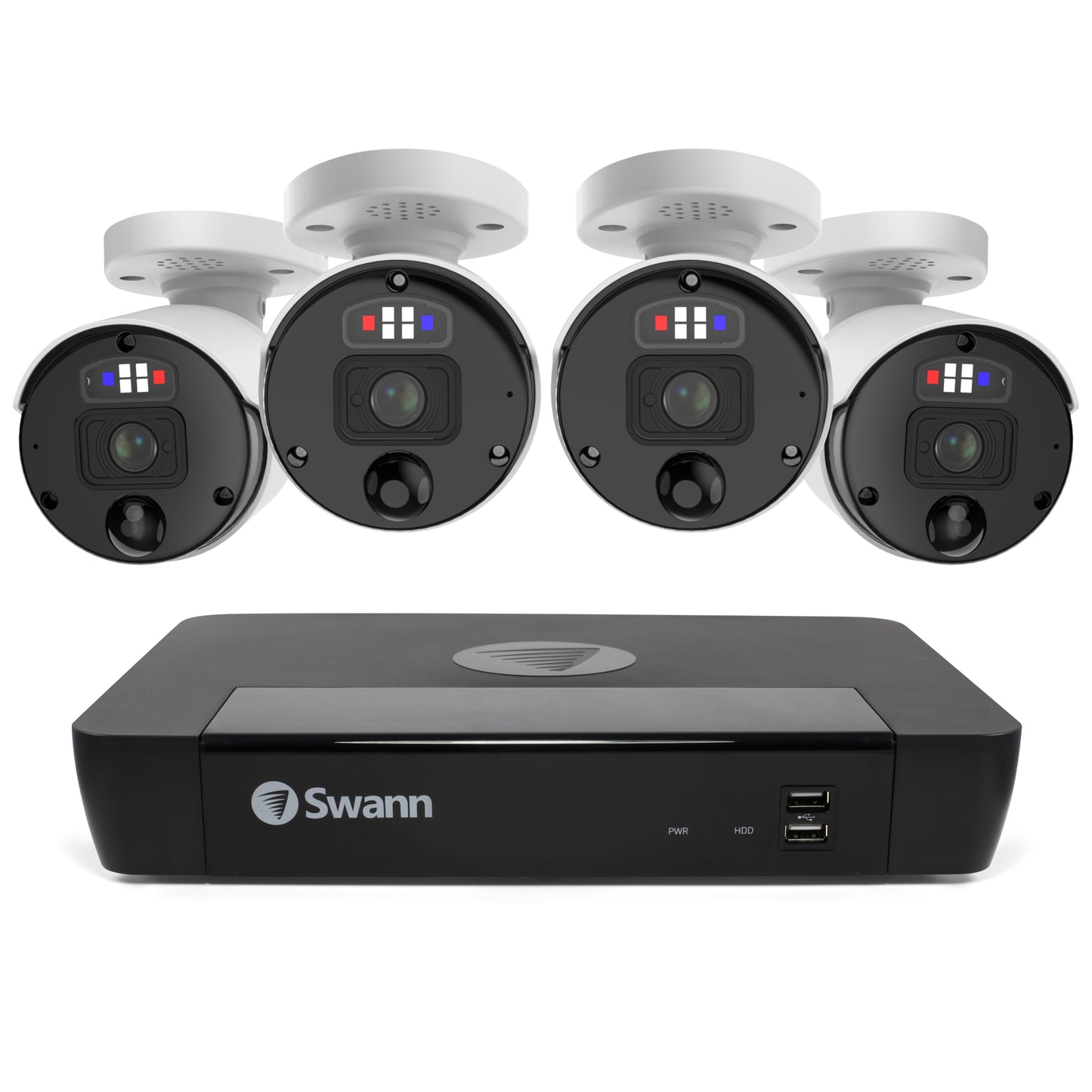 Swann SwannForce™ 12MP HD 8-channel 2TB Hard Drive NVR Security System with 4 x 12MP Police-Style Red and Blue Flashing Light IP Bullet Security Cameras (NHD-1200BE) - White