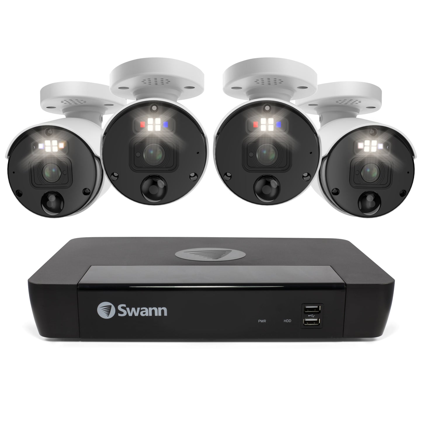 Swann SwannForce™ 12MP HD 8-channel 2TB Hard Drive NVR Security System with 4 x 12MP Police-Style Red and Blue Flashing Light IP Bullet Security Cameras (NHD-1200BE) - White