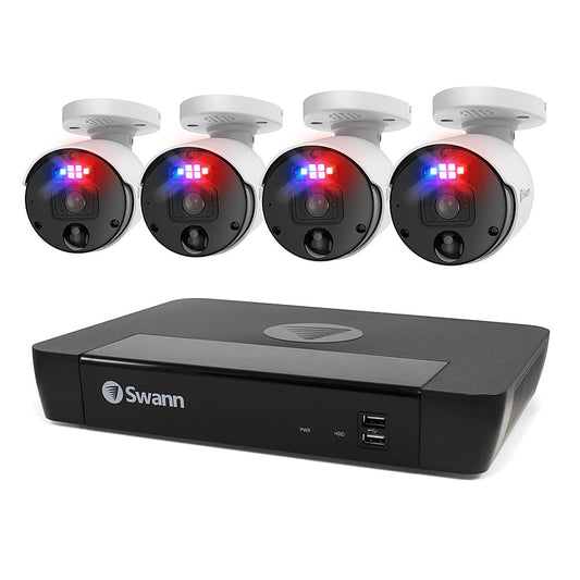 Swann SwannForce™ 12MP HD 8-channel 2TB Hard Drive NVR Security System with 4 x 12MP Police-Style Red and Blue Flashing Light IP Bullet Security Cameras (NHD-1200BE) - White