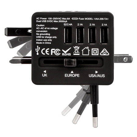 Veho Universal 4-Port USB 5-volt/3.5-amp Multi-Region Travel Adapter - Black